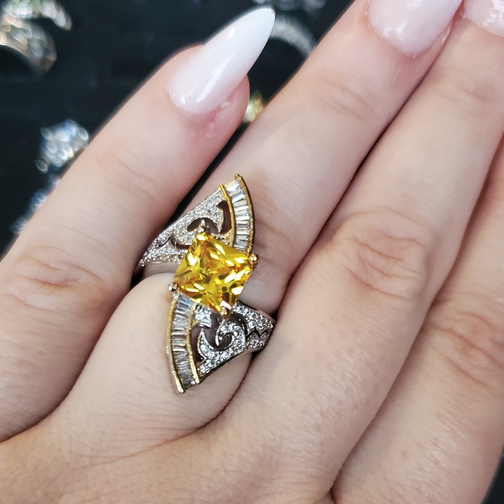 Canary Diamond Ring with Simulated Diamonds Citrine Unique Two-Tone Gold